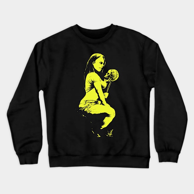 Woman and skull (yellow version) Crewneck Sweatshirt by wildsidecomix